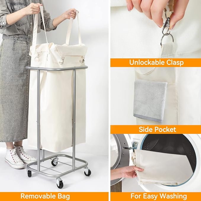 WOWLIVE 100L Rolling Laundry Hamper with Wheels Large Basket Organizer Laundry Cart with Steel Frame and Removable Bag Foldable Tall Dirty Clothes Hamper Dorm Room Storage for Bedroom (Light Beige) - Image 5