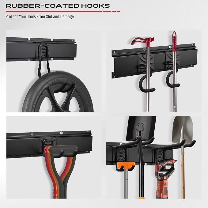 SEDY 64" Heavy Duty Garage Storage Tool Organizer Wall Mount - Tool Rack with Adjustable Hooks, Anti-Rust, 300lbs Capacity - Easy Installation (4 Racks, 10 Hooks, 3 Straps) - Image 4
