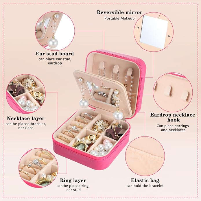 Hillban Bridesmaid Gifts Jewelry Box with Mirror, PU Leather Small Travel Jewelry Case Organizer Storage for Women Girls - Image 4