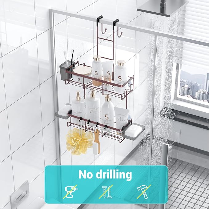 Aitatty Over the Door Hanging Shower Caddy: Rustproof Hanging Organizer over the Door - No Drilling Bathroom Rack for Inside Shower Bronze - Image 4