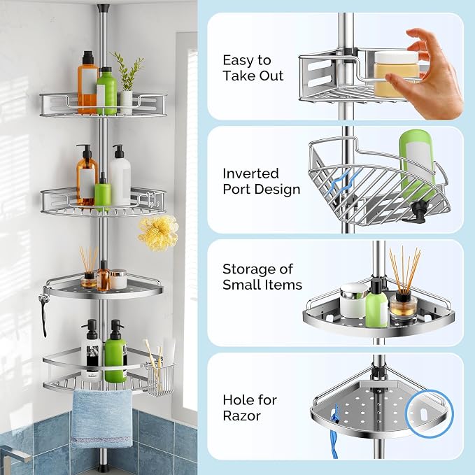 HAMITOR Corner Shower Caddy Tension Pole: Quick Installation 4-Tier Rustproof Bathroom Organizer Shelves for Bathtub Shampoo Storage - 47-121 inch Adjustable Floor Standing Bath Rack Holder - Silver - Image 6