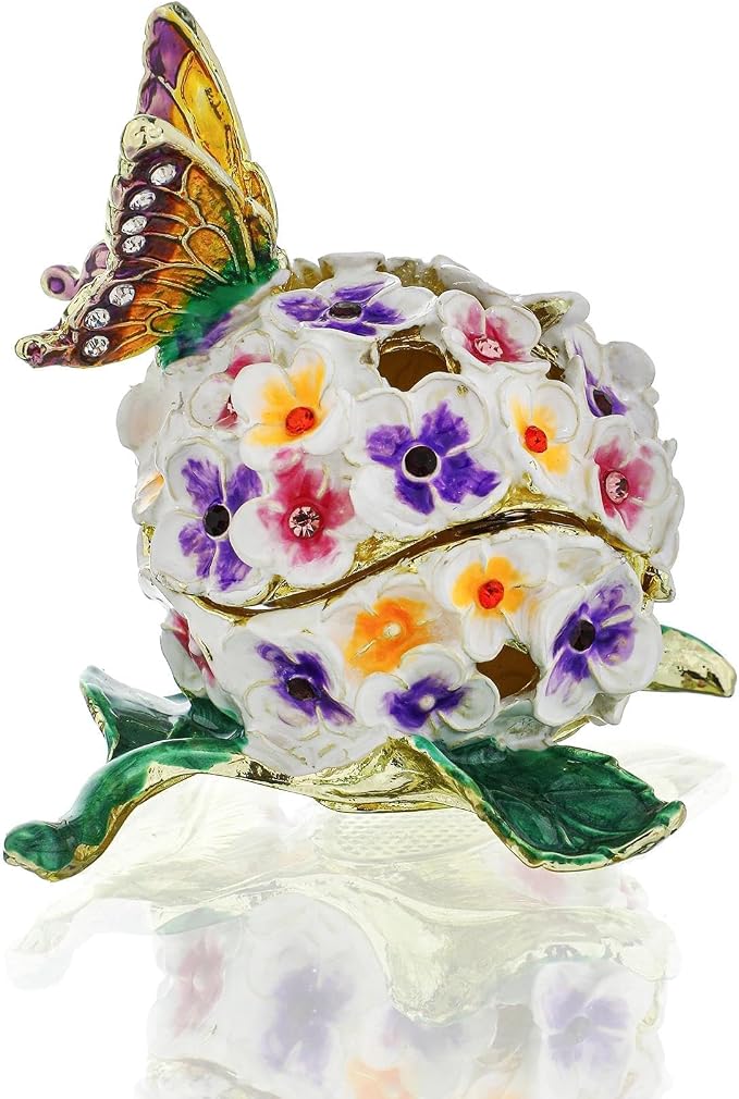 YU FENG Enamel Butterfly Trinket Box Jewelry Organizer, Decorative Hinged Keepsake Box – Butterfly with Floral Ball Design by YUFENG