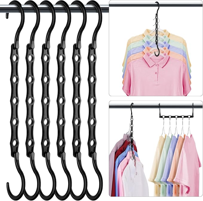HOUSE DAY Closet Organizers and Storage 6 Pack, College Dorm Room Essentials, Multifunctional Organizer Magic Space Saving Hangers with 5 Holes, Storage Organization for Wardrobe Closet - Black by HOUSEDAY