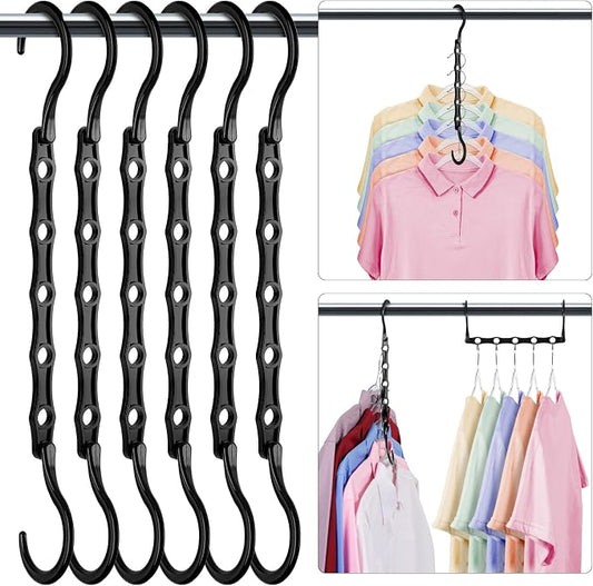 HOUSE DAY Closet Organizers and Storage 6 Pack, College Dorm Room Essentials, Multifunctional Organizer Magic Space Saving Hangers with 5 Holes, Storage Organization for Wardrobe Closet - Black by HOUSEDAY