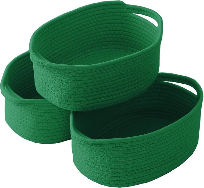 JMvicyroam Woven Basket,Small Rope Storage Bin with Handles & Ribbon Bag, Organizer for Shelves Closets,Gift Basket Empty for Birthday,Books,Dog Toys, Green/3 Pack by JMvicyroam