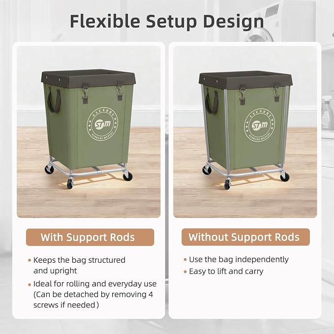STORAGE MANIAC Commercial Laundry Hamper with Heavy Duty Steel Frame, 160 L Industrial Laundry Basket Cart with Wheels for Hotel, Home, Laundry Room, 18''L x 18''W x 31''H, Medium Green - Image 6