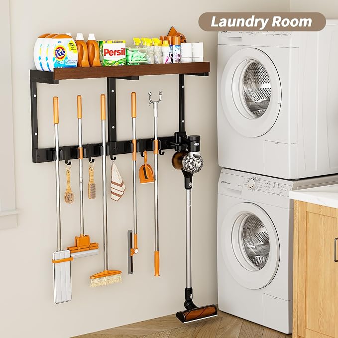 Broom Holder Wall Mount with Cleaning Supplies Organizer, Laundry Room Shelves with Mop Hanger Rack Gripper Hooks and Vacuum Organizer, Broom and Mop Organizer Wall Hanging for Home Garage Kitchen - Image 8