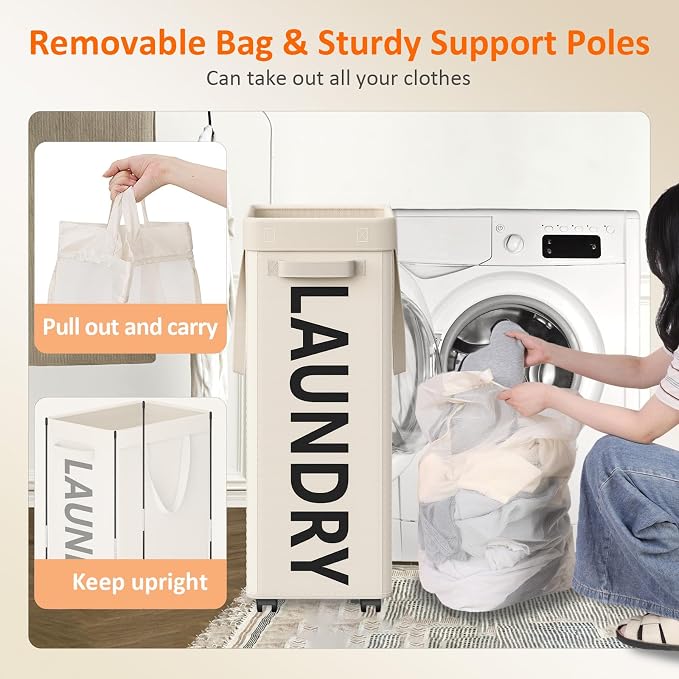 Optish 2 Pack Rolling Laundry Basket with Wheels, 90L Hamper with Wheels and Removable Mesh Bag, White Laundry Baskets on Wheels for Bedroom, Dorm, Clothes Hamper Organizer - Image 6