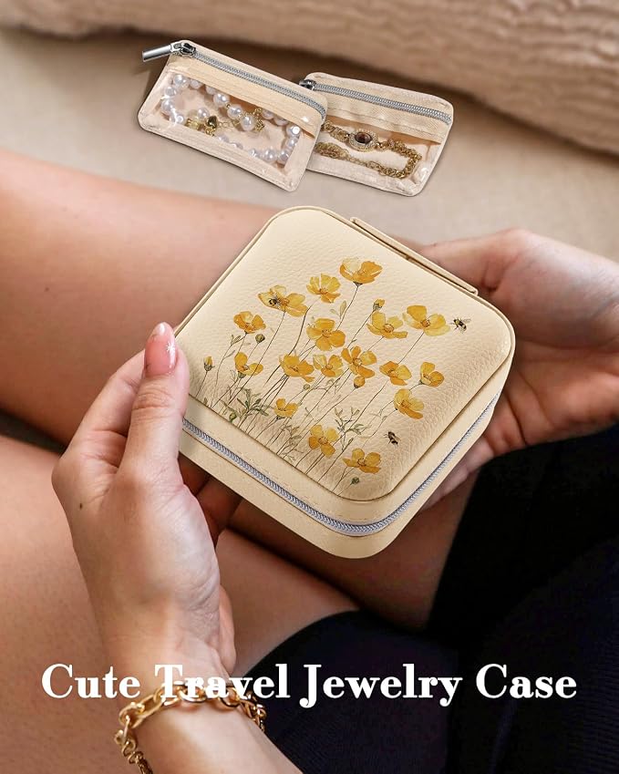 Bistup Travel Jewelry Case - Small Jewelry Organizers and Storage Box for Women Girls Teens Cute Traveling Jewelry Holder with Mirror Little Tiny Compact Yellow Flower Pretty Modern Unique Aesthetic - Image 3