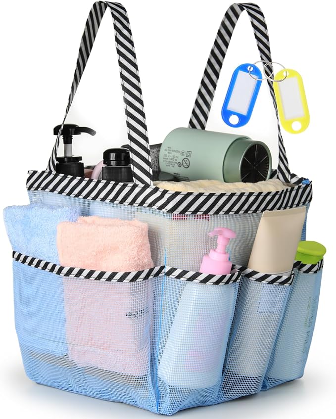 Temede Mesh Shower Caddy Tote, Large Shower Caddy Basket Portable, Quick Dry Hanging Toiletry Bag, 8 Storage Pocket Bath Organizer for College Dorm Room, Gym, Bathroom, Camp, Travel (Blue) by Temede