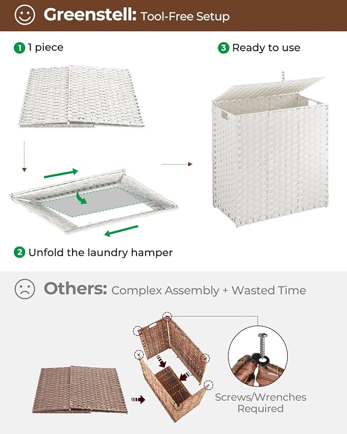 Greenstell Laundry Hamper with lid, No Install Needed, 110L Wicker Laundry Baskets Foldable 2 Removable Liner Bags, 2 Section Clothes Hamper Handwoven Rattan Laundry Basket with Handles, White - Image 5
