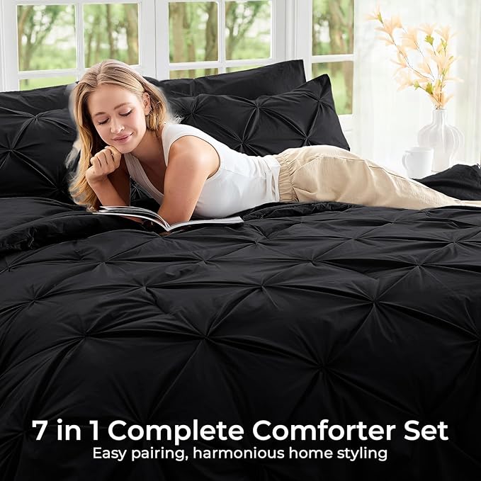 Sasttie Twin XL Comforter Set, 5-Piece Bed in a Bag, Pintuck Bedding Sets for All Season, Includes Comforter, Flat Sheet, Fitted Sheet, Pillowcase and Pillowsham, Black