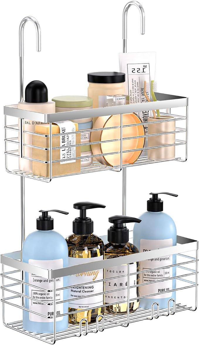YUOROS Shower Caddy Hanging, 2 Tier Over the Door Shower Organizer Rack 304 Stainless Steel Rustproof Bathroom Storage Shampoo Holder Basket (Silver) by YUOROS
