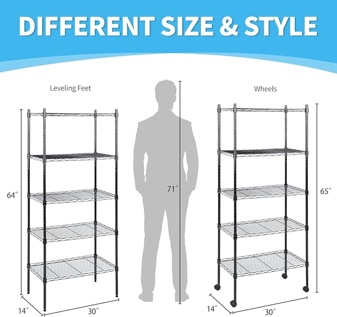 Simple Deluxe 5-Tier Storage Shelves, 29.92" W x 13.78" D x 65 "H Adjustable Heavy Duty Wire Shelving, 1250 Lbs Loading Capacity, Black - Image 3