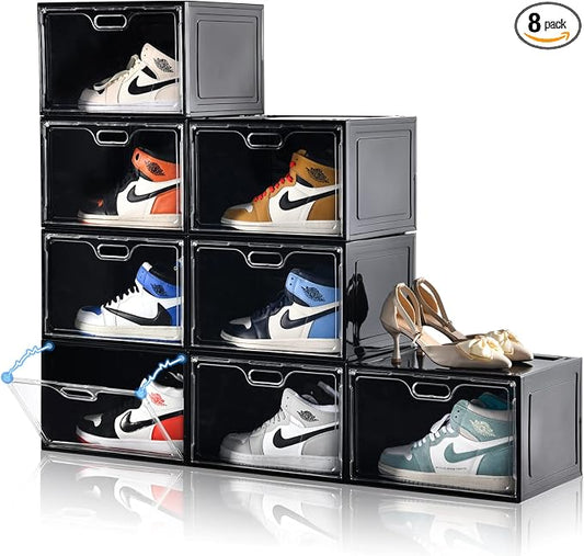 Amllas 8 Pack Shoe Boxes Black Plastic Stackable, Large Shoe Storage Organizer,Drop Side Front Shoe Containers for Entryway,Sneaker Storage Fit up to US Size 13 for Men/Women(13’’x 10.6”x 8.3”) by Amllas