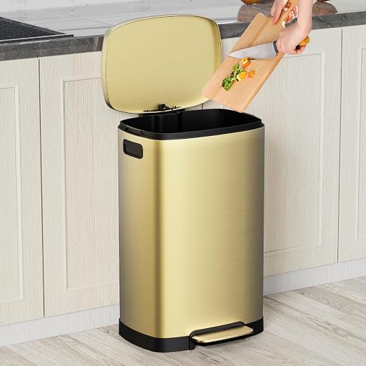 KdbK 13 Gallon Trash Can with Lid, 50L Fingerprint Proof Stainless Steel Kitchen Trash Can with Removable Inner Bucket and Lid Soft Close, Pedal Rubbish Bin for Home Office, Gold - Image 2