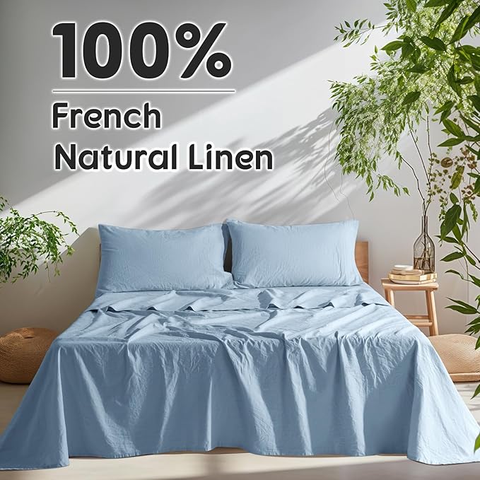SONORO KATE 100% French Pure Linen Sheets, Breathable and Durable Linen Full Size Sheets, Anti-Tear Linen Bed Sheets, Machine Washable, 16 Inch Deep Pocket - 4 Piece (Dusty Blue, Full)