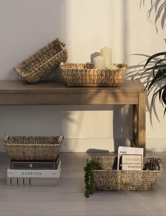 StorageWorks Hand-Woven Large Storage Baskets with Wooden Handles, Water Hyacinth Wicker Baskets for Organizing, 2-Pack - Image 7