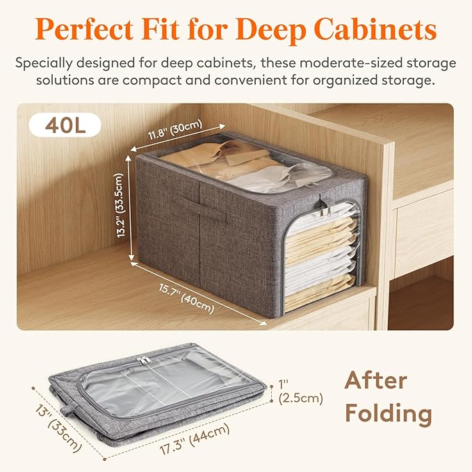 Lifewit Clothes Storage Bins with Metal Frame 4 Pack, Fabric Stackable Storage Bags with Lids, Zipper, Foldable Clost Organizers Containers for Clothing, Blanket, Winter Cloth, 40L