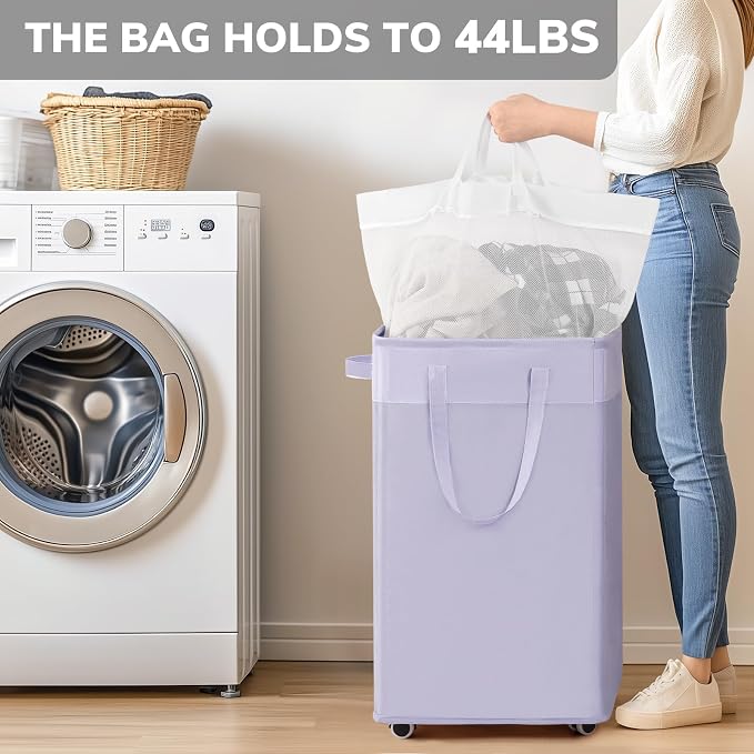 Goodpick Laundry Basket with Wheels,75L Collapsible Laundry Baskets with Removable Wash Bag, Clothes Laundry Hamper on Wheels, Light Purple - Image 6