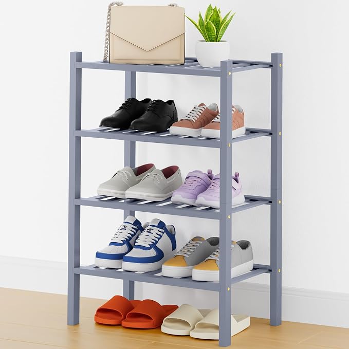 Smiry Shoe Rack, 4 Tier Thick Small Bamboo Shoe Organizer, Stackable Free Standing Wooden Shoe Storage Shelf for Closet, Entryway, Front Door Entrance, Grey by Smiry