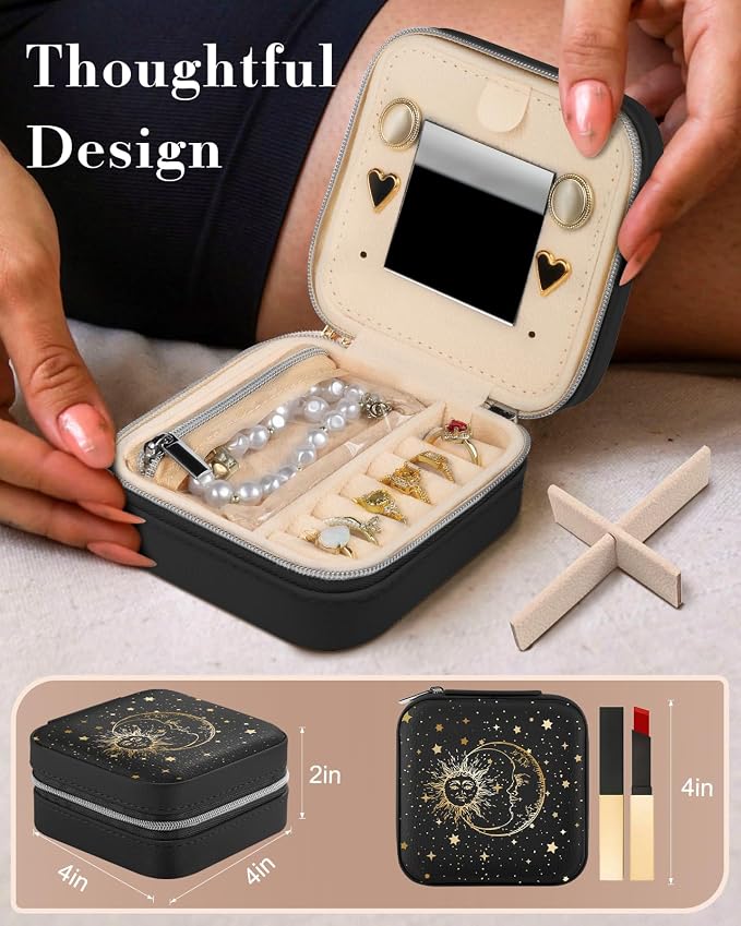 Bistup Travel Jewelry Case - Small Jewelry Organizers and Storage Box for Women Girls Teens Cute Traveling Jewelry Holder with Mirror Little Tiny Compact Modern Unique Aesthetic Pretty, Sun and Moon - Image 2