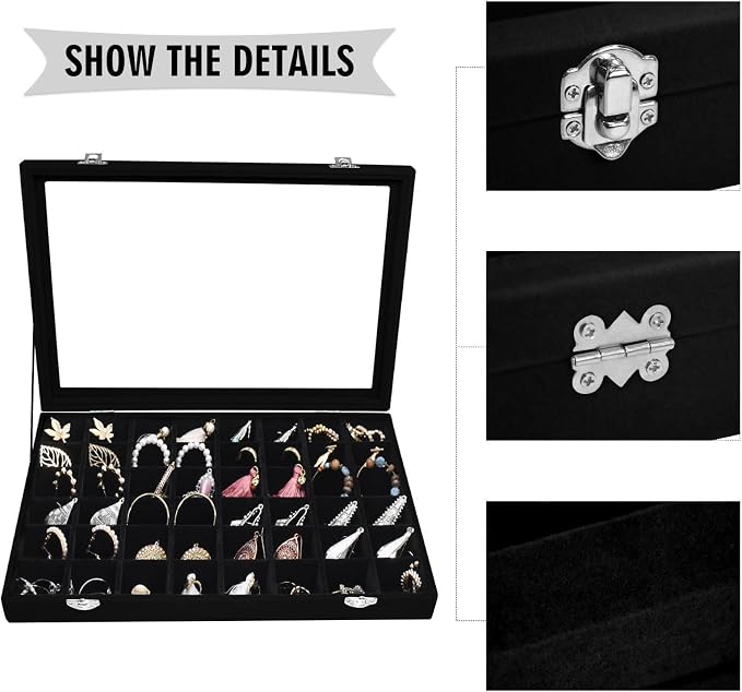 Siveit Velvet Jewelry Tray 48 Grid Jewelry Display Tray Organizer Box with Transparent Lid Rings Earrings Necklaces Pendants Display Box Suitable for Women and Girls (Black) - Image 4
