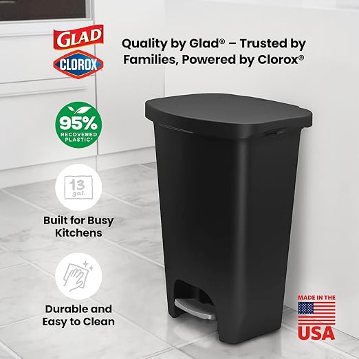 Glad 13 Gallon Trash Can | Plastic Kitchen Waste Bin with Odor Protection of Lid | Hands Free with Step On Foot Pedal and Garbage Bag Rings, Black - Image 6