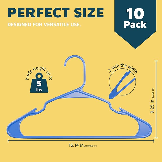 Lifemaster Plastic Clothes Hangers – Heavy Duty Hanger Set, for Organizing Clothes, Dresses, and Coat, Holds Up to 5 lbs, Space-Saving Hangers with Non-Slip Shoulder Grooves, Pack of 10, Blue - Image 2