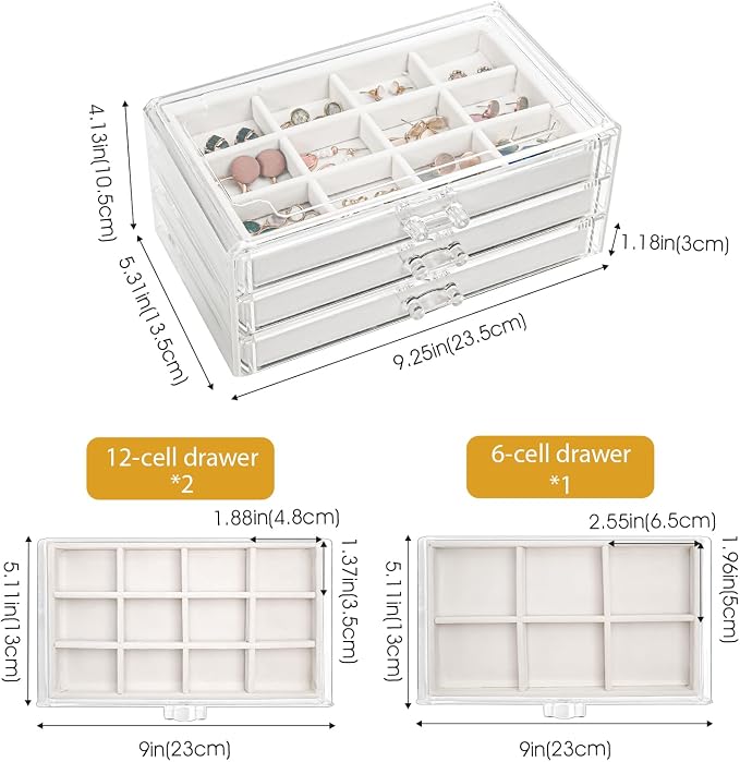 ProCase Earring Holder Organizer Jewelry Box with 3 Drawers, Acrylic Clear Earring Case with Adjustable Velvet Trays for Women - Warmwhite, 3 Layers - Image 4