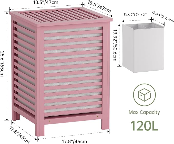 SMIBUY Double Laundry Hamper with Lid, 120L Bamboo Laundry Basket with Removable Liner Bag, 2-Section Clothes Divider Laundry Sorter for Laundry Room, Bathroom, Bedroom (Pink) - Image 3