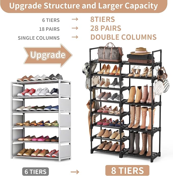 ROJASOP Shoe Rack Organizer, 8-Tier Metal Shoe Rack for Closet Entryway Garage, 26-32 Pairs Tall Shoe Boot Storage Shelf with 15 Hooks, Stackable Large Shoe Stand - Image 4