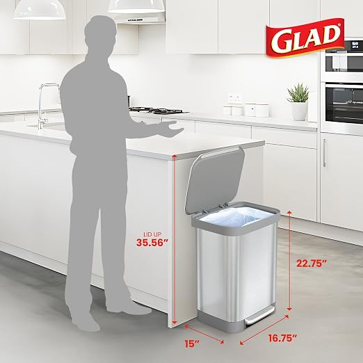 Glad Stainless Steel Step Trash Can, Series 2 with Clorox Protection - Large Metal Kitchen Garbage Bin with Soft Close Lid, Foot Pedal and Waste Bag Roll Holder, 13 Gallon - Image 2