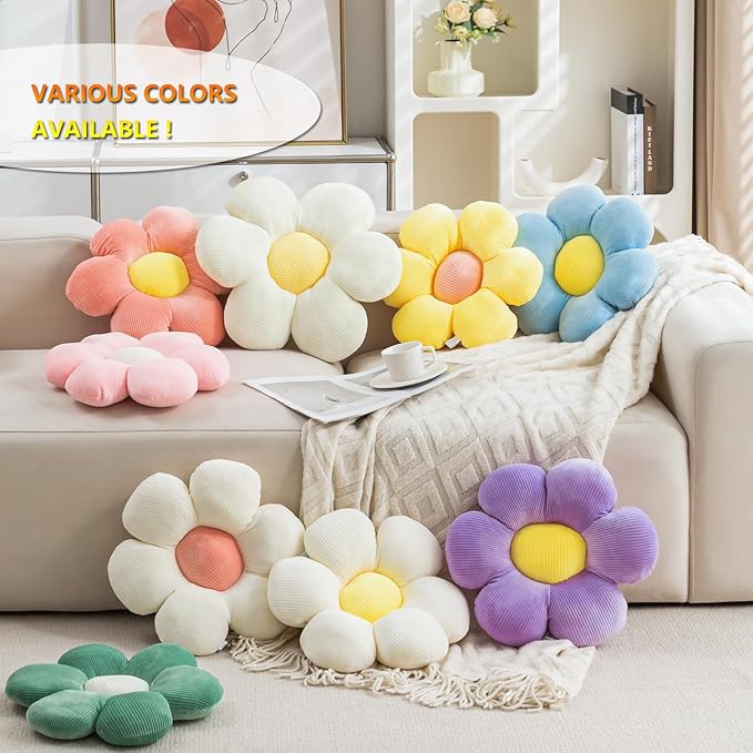 CANGHI 3Pcs Flower Pillow - Flower Shaped Throw Pillow Seating Cushion, Cute Daisy Flower Pillow Floor Pillows for Adults Kids Home Bedroom Sofa Chair Couch Decor (White/Pink/Blue, 15.74 in+19.68 in)