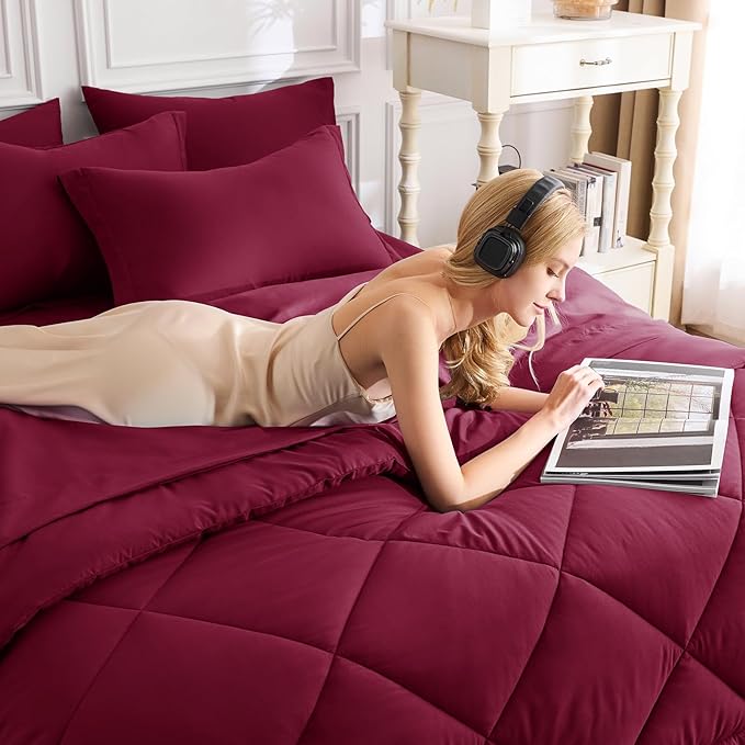 CozyLux Full Size Comforter Sets Burgundy - 7 Pieces Bed in a Bag Full, Luxury Soft Bed Set for All Seasons, Bedding Set with Down Alternative Comforter, Sheets, Pillowcases & Shams, Red