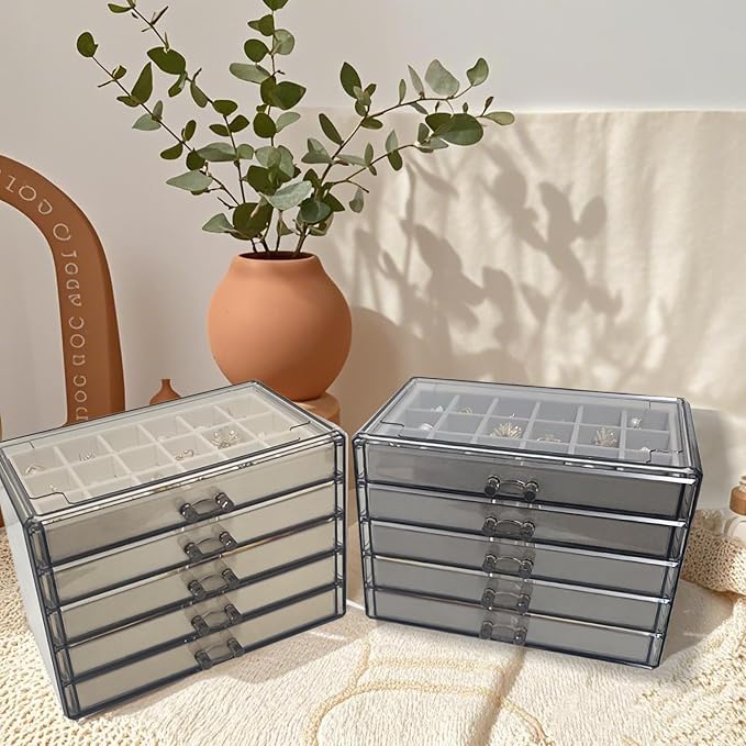 Acrylic Earring Holder Organizer with 5 Drawers Clear Earring Organizer Box with 90 Adjustable Grids Velvet Earring Display Case Jewelry Organizer for Earrings Rings Studs (Brown Beige) - Image 4
