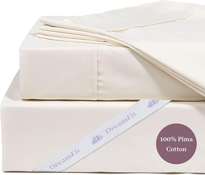 DreamFit DreamCool 100% Pima Cotton Sheets with Elastic Corner Straps 22 Inch Extra Deep Pocket Made in USA Bedding 300 Thread Count Hotel Style Luxury Sheets Split Head Queen Off White