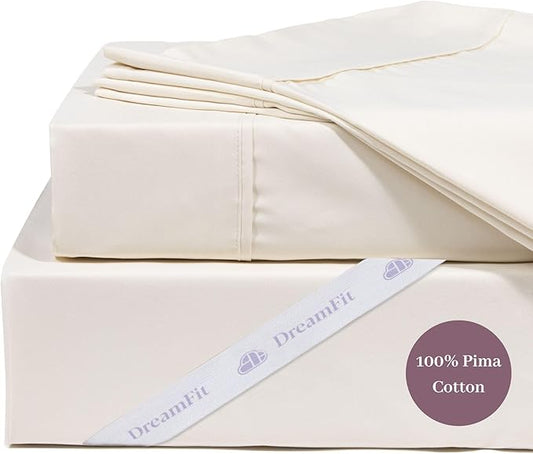 DreamFit DreamCool 100% Pima Cotton Sheets with Elastic Corner Straps 20 Inch Extra Deep Pocket Crafted in USA Bedding Guaranteed to Stay On Luxury Sheets King Sheets Set Ivory