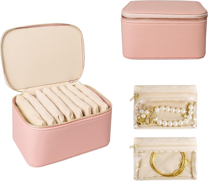 Travel Jewelry Case, Portable Jewelry Box with 6 Jewelry Bags,Travel Gift for Women Teen Girls (Pink 8 Pcs) by Unknown