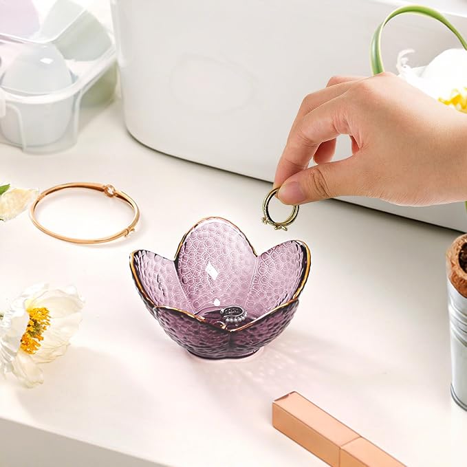 Purple Flower Jewelry Dish Glass Ring Holder Dish Jewelry Tray Cute Vanity Organizer Aesthetic Nightstand Bathroom Room Decor Trinket Dish Mothers Day Friendship Christmas Birthday Gifts for Women - Image 2