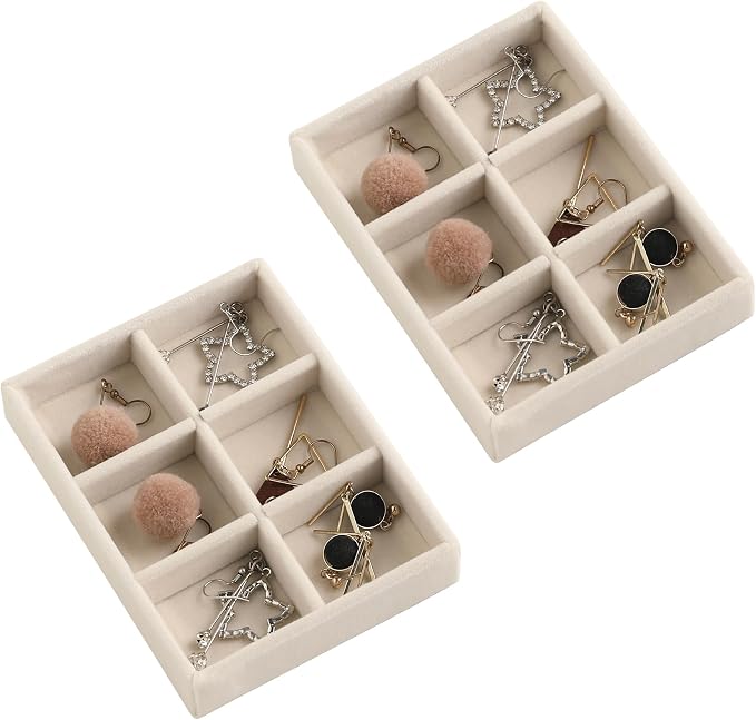 Frebeauty Small Jewelry Tray Set,Stackable Velvet Jewelry Organizer Tray,Mini Jewelry Drawer Organizer,Drawer Inserts,4.92 x 3.74 x 0.9 Inches,6 Grid Earring Organizer for Women(Set 2,Beige) by Frebeauty