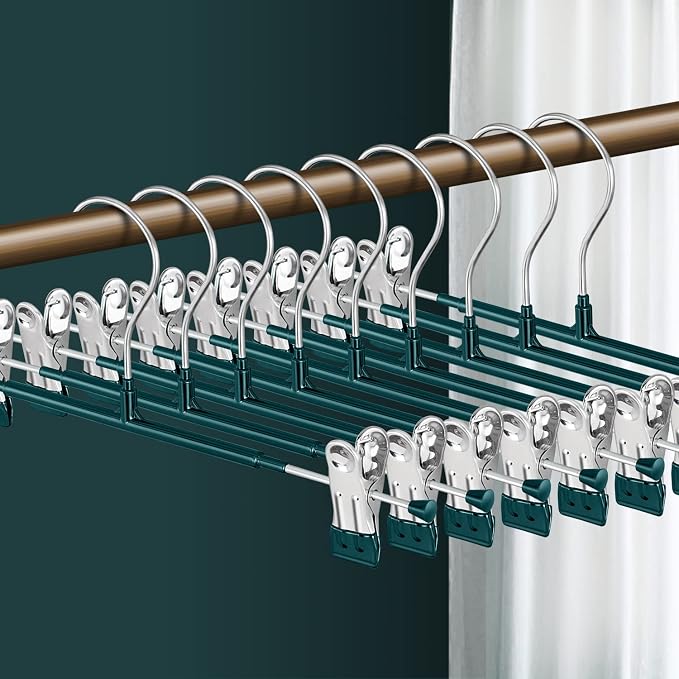 Pants Hangers with Clips 20 Pack Adjustable Skirt Hangers for Women Non-Slip Trousers Hanger for Jeans Clothes Hangers for Pants Heavy Duty Space Saving Shorts Hangers,Green,12Inch by HWAJANClothesOrganizer
