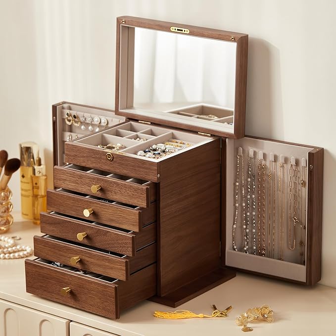 Black Walnut Wooden Jewelry Box, Wood Jewelry Organizer with 2 Side Doors Mirror Lockable Classical Style for Watch Necklace Ring Earring Storage Mothers Day Gifts for Mom-6 Layer - Image 5