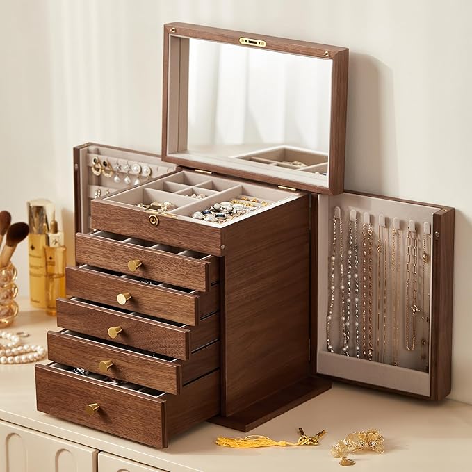 CHOSIN Black Walnut Wooden Jewelry Box, 6-Layer Lockable Wood Jewelry Organizer with Mirror, Side Doors & Brass Handle, Classical Design for Rings, Necklaces, Earrings, Mothers Day Gifts for Mom by CHOSIN