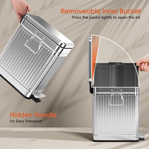Small Bathroom Trash Can with Lid Soft Close, 6L / 1.6 Gallon Stainless Steel Garbage Can with Step Pedal & Odor Control, Slim Trash Bin for Toilet, Office, Bedroom - Sliver - Image 4