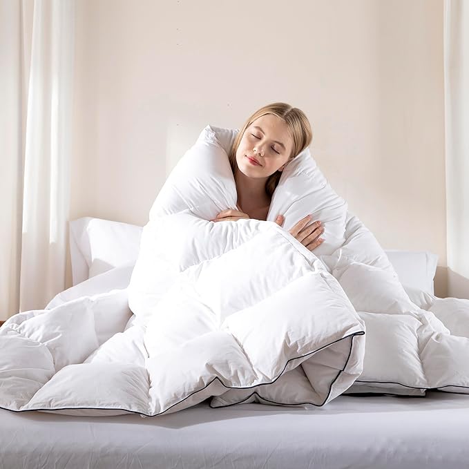 DOWNCOOL Feather Down Fiber Comforter Full Size, 100% Cotton Ultra Soft Fluffy Duvet Insert Full, All Season Luxurious Hotel Bed Comforter with Corner Tabs, White 82 x 86 Inch