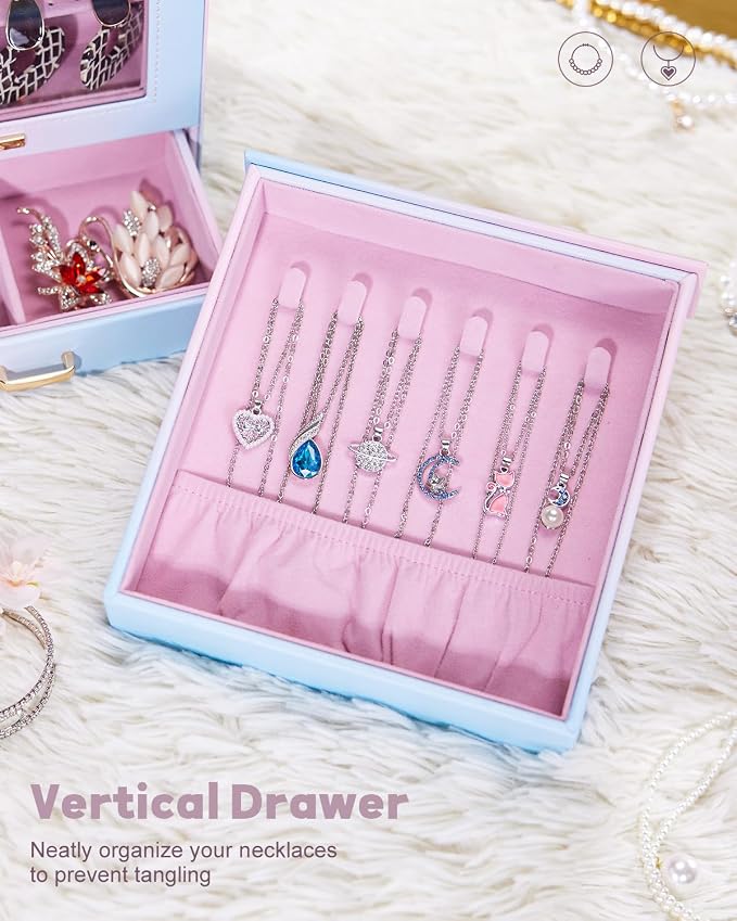 Homde Jewelry Organizer Girls Women Jewelry Box for Necklaces Rings Earrings Gift Bracelets Storage Case (Blue - Pink Gradient + Gold) - Image 6