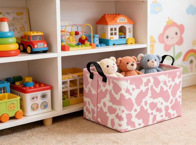 Rectangular Cow Baskets Pink Basket Cute Storage Bins Organizer Box Girls Room Decor for Home.(Pink cow) - Image 3
