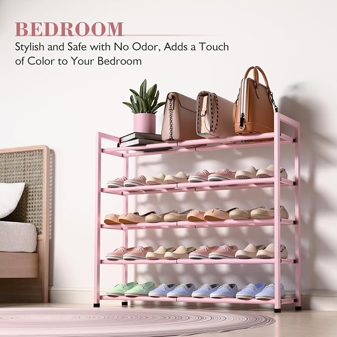 Bumusty 5-Tier Expandable Shoe Rack for Closet, 18“-33” Adjustable Shoe Rack for Small Space, Small Shoe Organizer for Front Door, Sturdy Metal (Pink) - Image 4