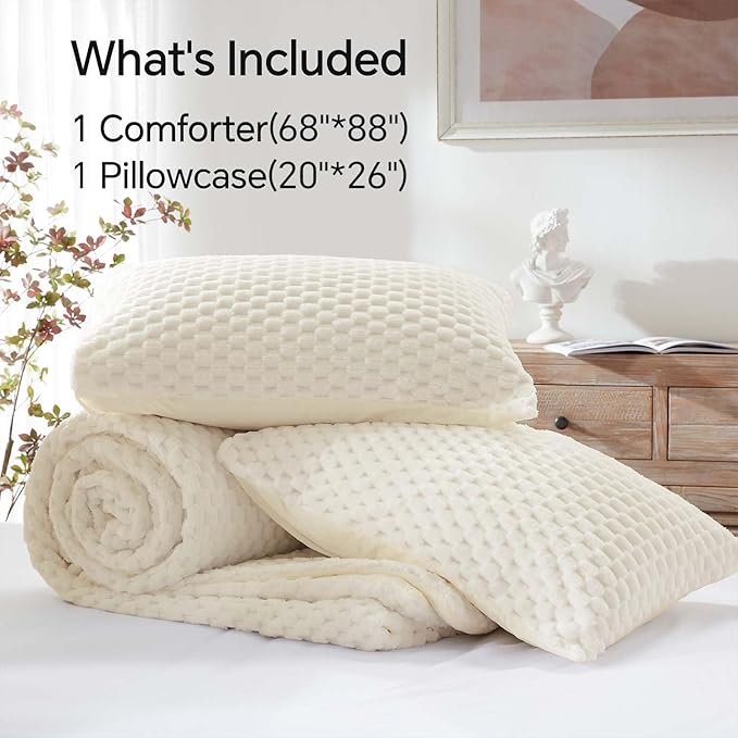 BEDELITE Fluffy Twin Comforter Set - Beige Fleece Soft Comforter for Twin Size Bed, Luxury Warm Bedding Set for Winter, Fuzzy Bed Set 2 Pieces (1 Comforter, 1 Pillowcase)
